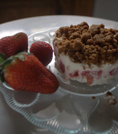 Strawberries and Cream Pavlovas with a ginger cookie crumble