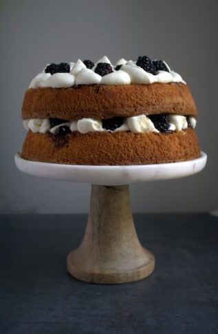 rustic olive oil cake with blackberries and mascarpone cream