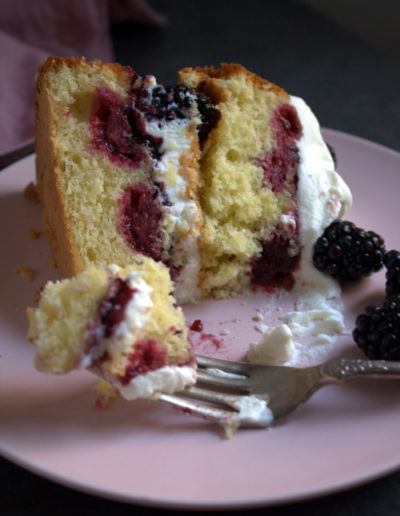 rustic olive oil cake with blackberries and mascarpone cream